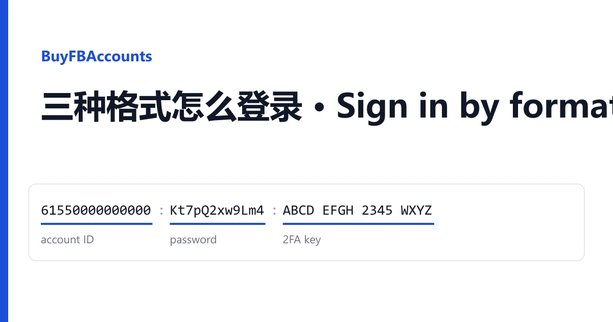 一行 Facebook 账号交付信息,标出账号 ID、密码和 2FA 密钥